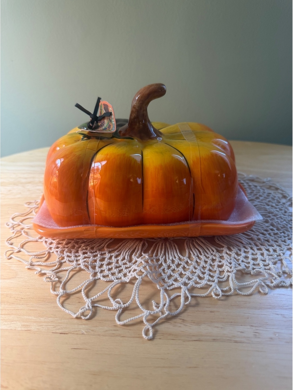 Blue Sky Clayworks Ceramic Pumpkin Butter Dish Hand Painted Orange Yellow